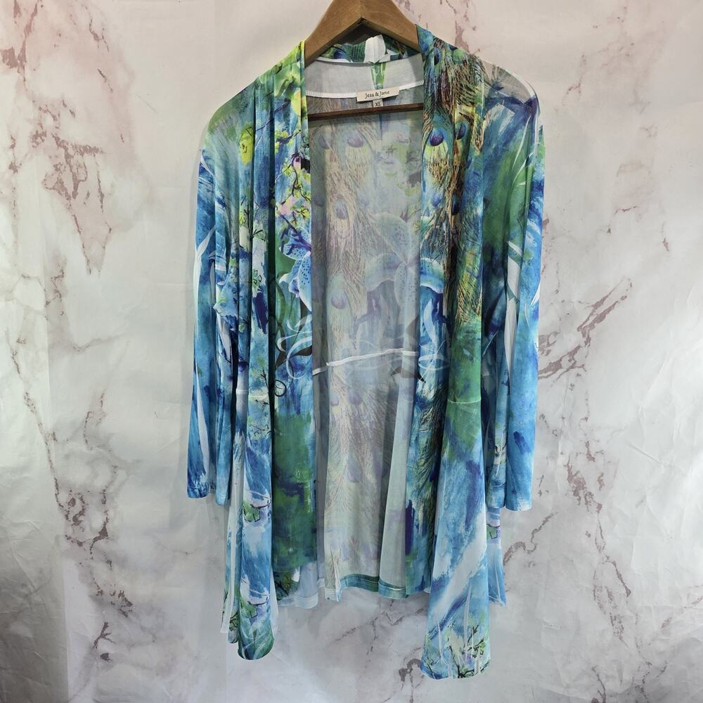 Jess & Jane Cardigan Womens XL Blue Lily Peacock Artsy Art To Wear Topper Cover